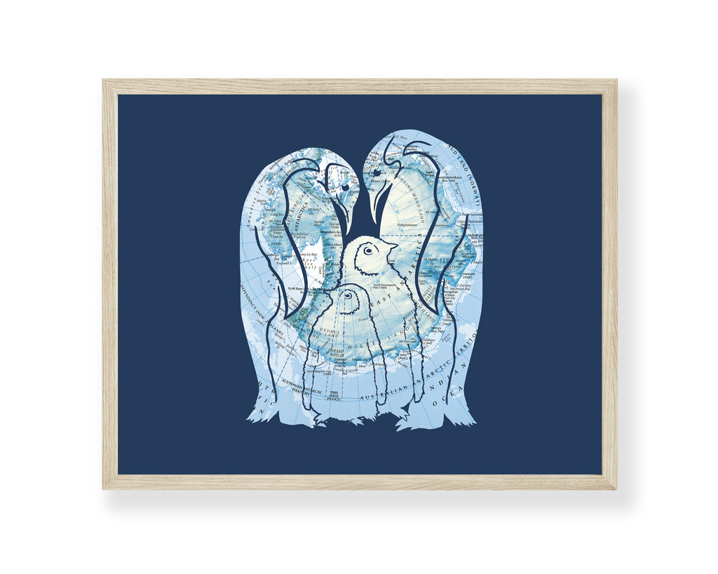 family of 4 penguin art print with antarctica map