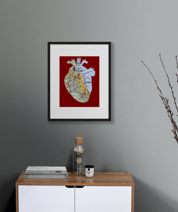 Chicago map art anatomical heart print black