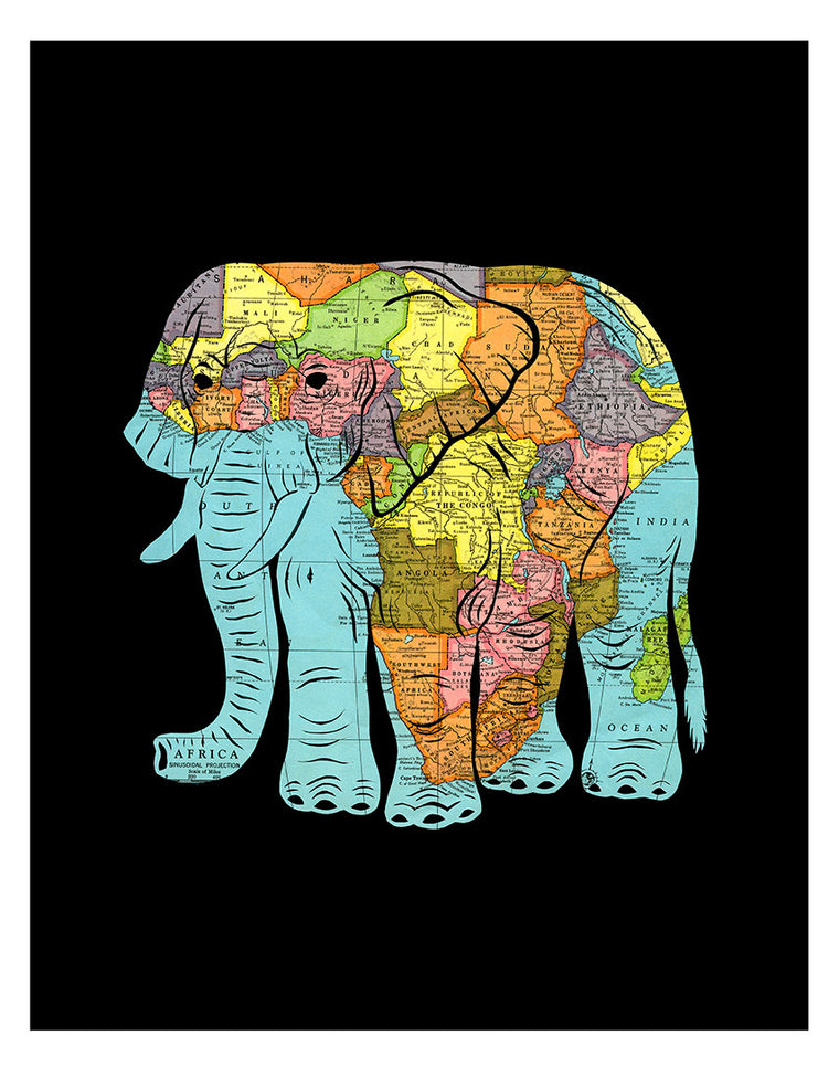 African Elephant Map Art by Granny Panty Designs
