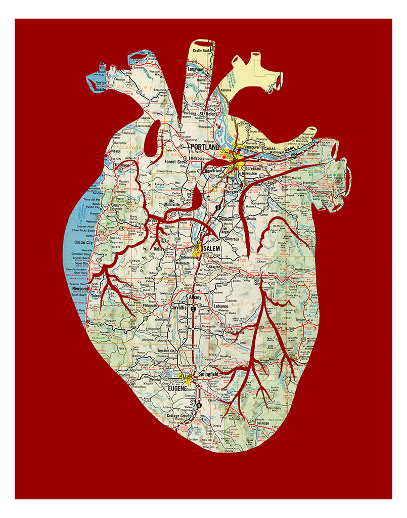 Anatomical heart Oregon map artwork red