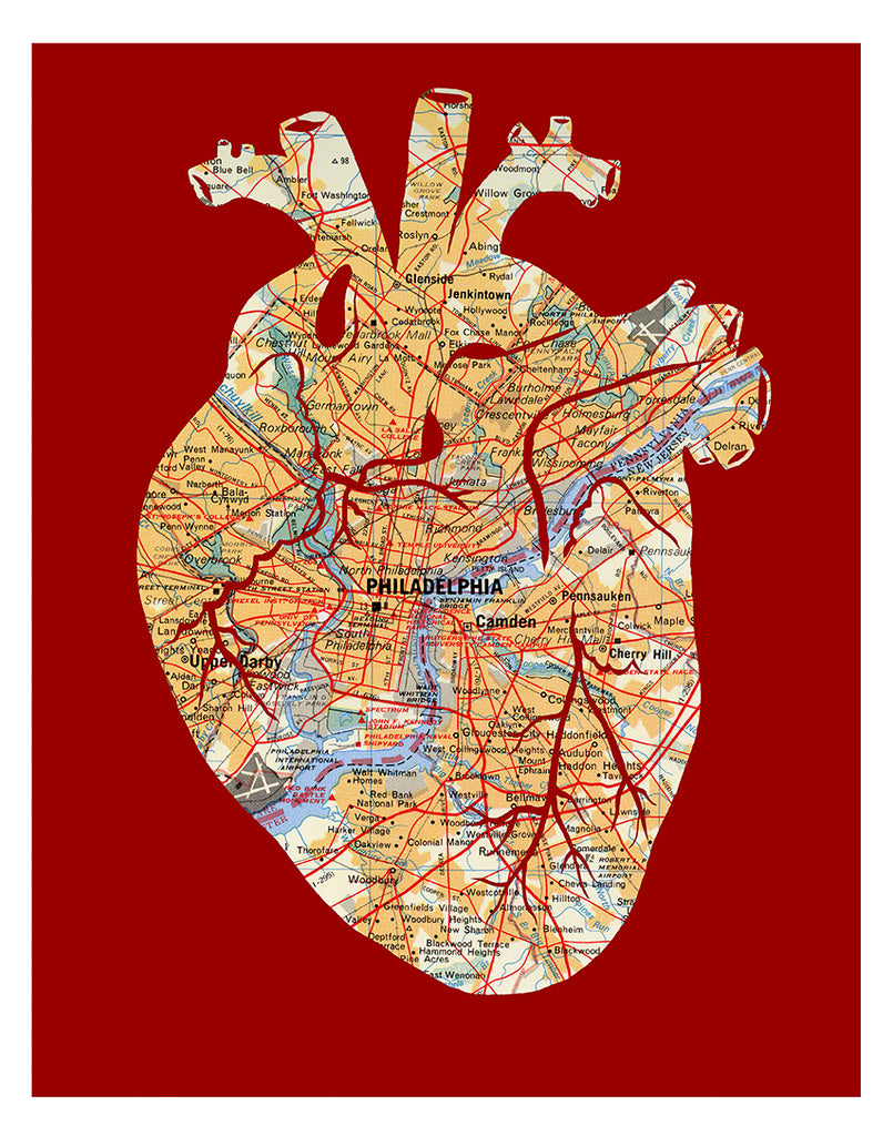 Philadelphia map anatomical heart artwork print