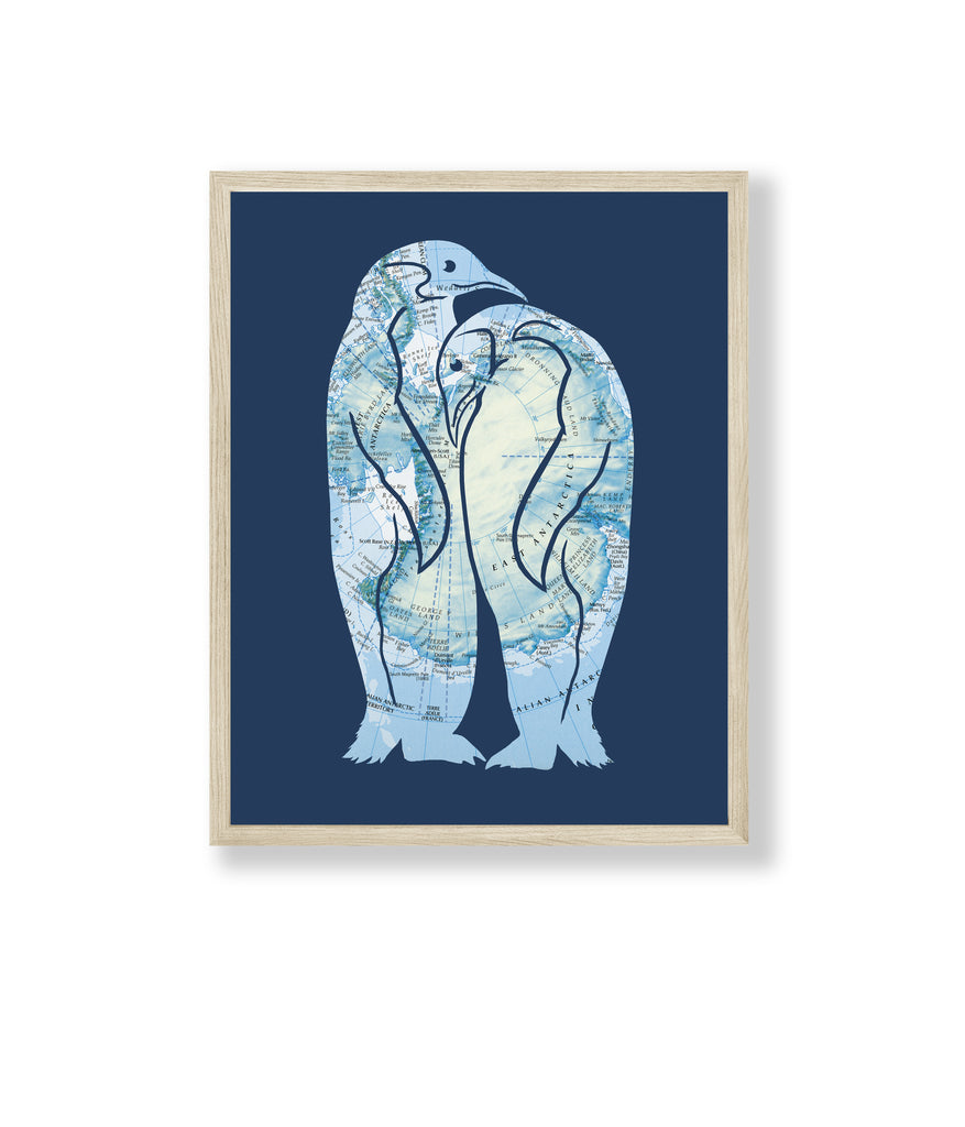 penguin couple art print with antarctica map background