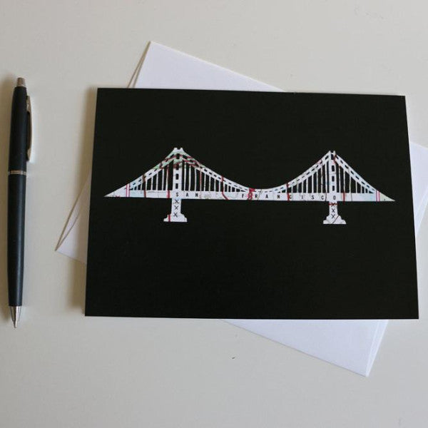 Golden Gate Bridge map art greeting card by Granny Panty Designs