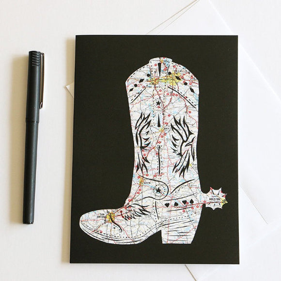 Texas map art cowboy boot greeting card by Granny Panty Designs