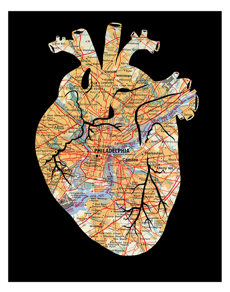 11x14 Philadelphia map anatomical heart wall art