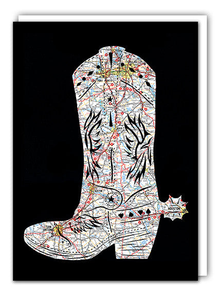 Texas map art cowboy boot greeting card by Granny Panty Designs