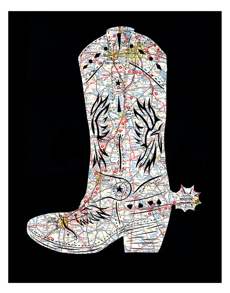 Texas map art cowboy boot poster