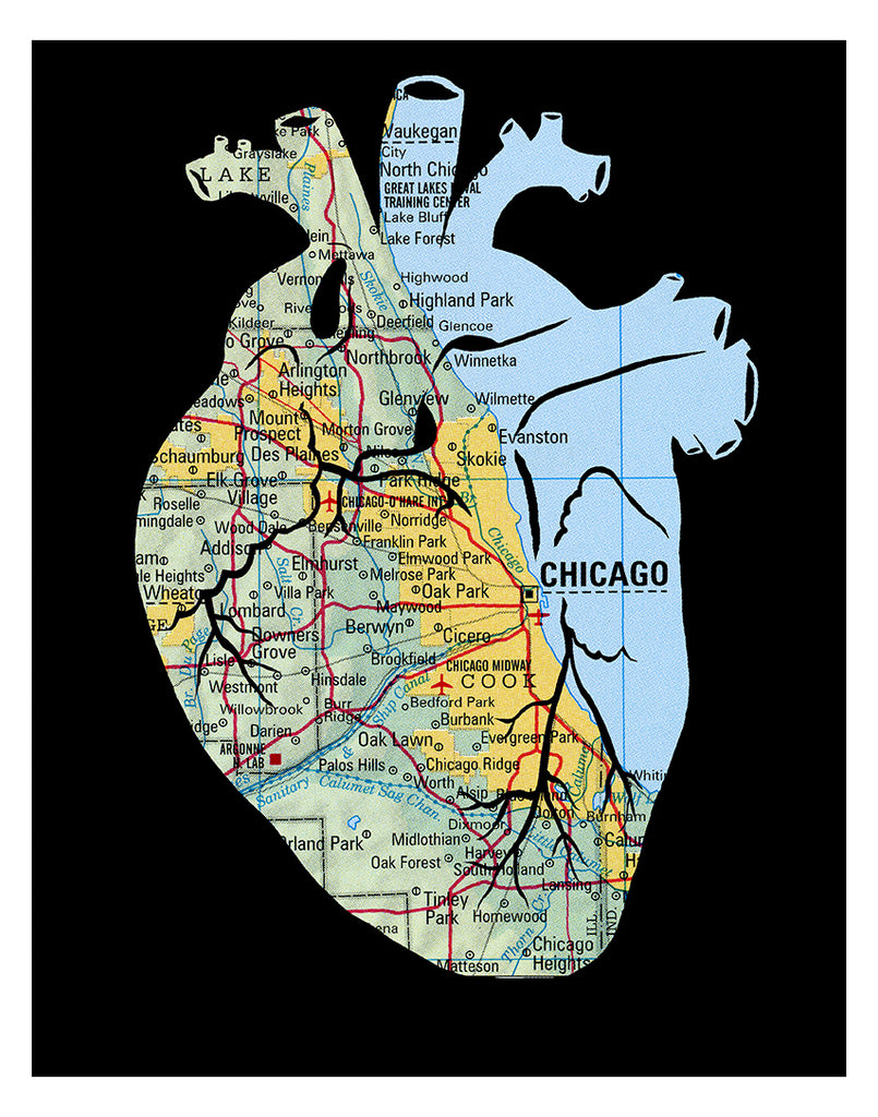 Chicago map art anatomical heart print black