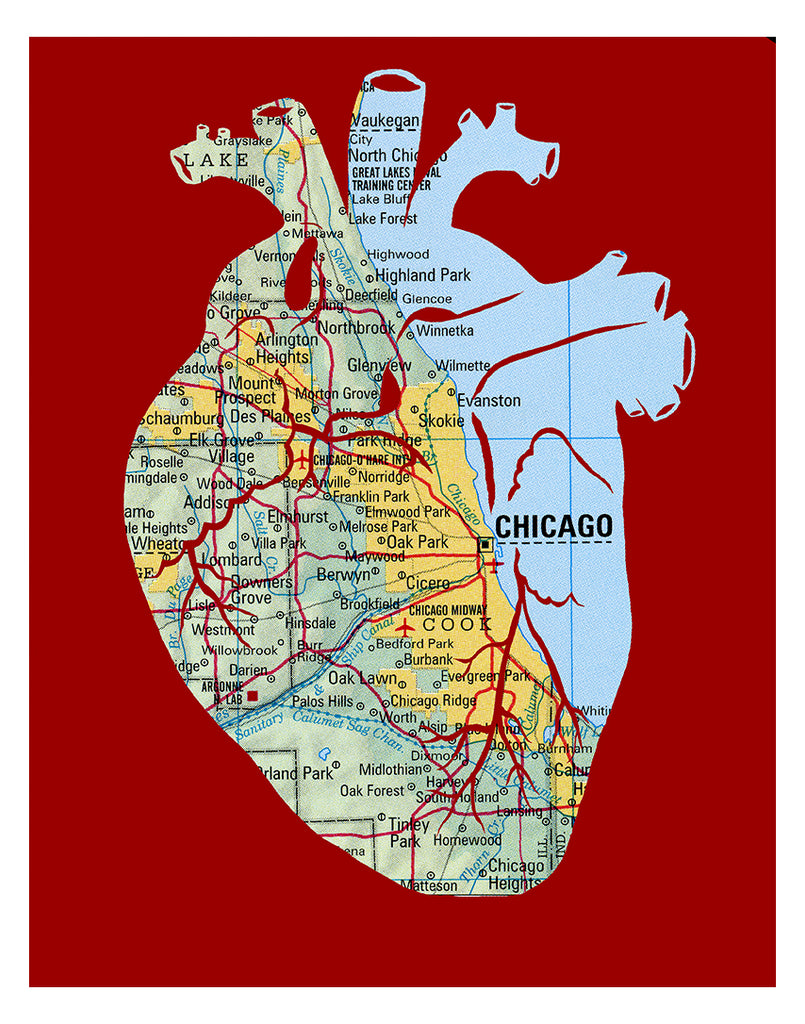 Chicago map art anatomical heart print red