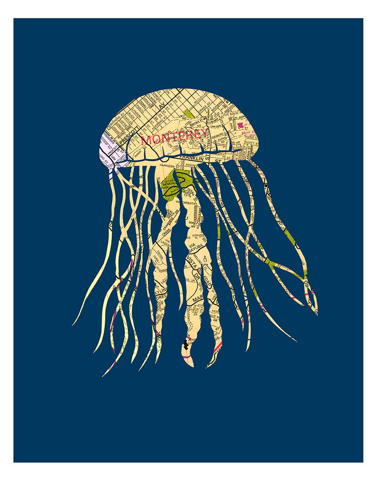 Monterey Jellyfish Map Art Print by Granny Panty Designs
