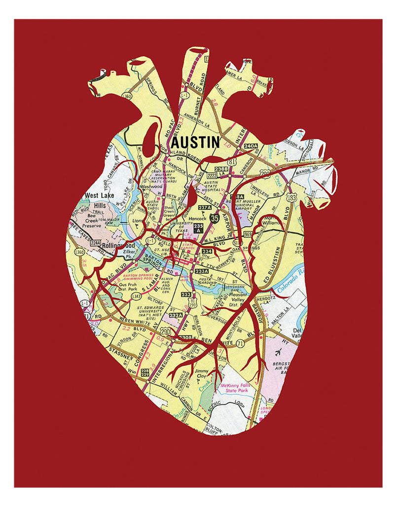 Austin Texas anatomical heart print red