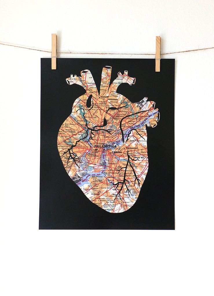 Philadelphia Pennslyvania map anatomical heart artwork
