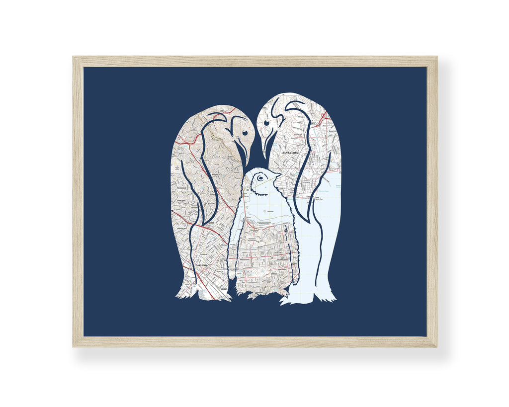 family of 3 penguins art print with custom maps